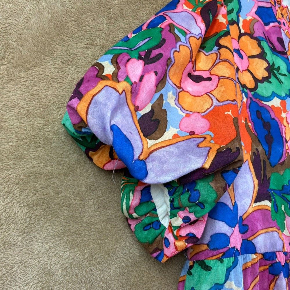 THML Floral Tiered Mini Dress L Multi Color Floral Puff Sleeve Statement - Picture 2 of 8